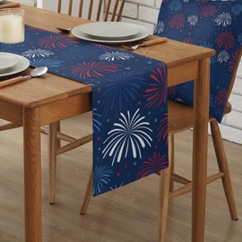July 4th Table Runner Cotton Linen Fireworks Celebration Patriotic Americana Stars Party Holiday Tablecloth Decorations for Kitchen,Home ,Dining,Outdoor,13X72 Inches Long Red, White and Blue