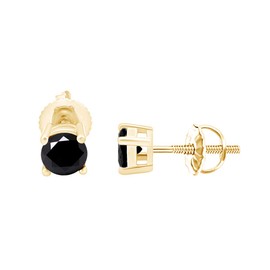 IGI Certified Round Brilliant Cut Black Diamond Screw Back Stud Earrings 10k Solid Yellow Gold (Black Color, I2-I3 Clarity)