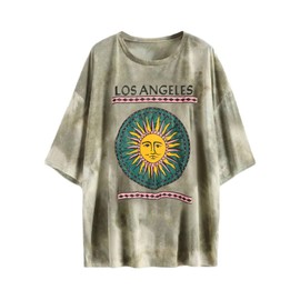 Fenxxxl Women's Graphic Oversized Tees Letter Print Summer Tops Vintage Half Sleeve Loose Casual Los Angeles T Shirts F491-606-Green S