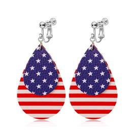 coadipress American Flag Clip On Earrings for Women, Patriotic Teardrop Layered Faux Leather Dangle Earrings, 4th of July Independence Day Jewelry for Non Pierced Ears (Red)