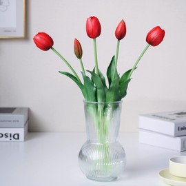 WAKISAKI 16-inch Premium Real Touch Fake Tulips Artificial Flowers with Buds, Flexible Stem Easy to Shape, Faux Tulips for Home Decor Indoor (Vase not Included), 5-Pack Set of Passion Red