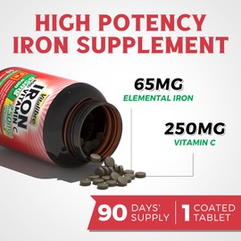 Iron Supplement 65mg with Vitamin C, Stomach Friendly Carbonyl Iron, High Absorption, Once Daily, Supports Red Blood Cell Production, Gluten Free, Non-GMO, 90 Tablets