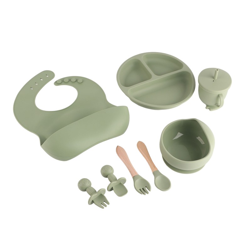 8 Pcs Silicone Baby Feeding Set Bib Suction Plate Bowl