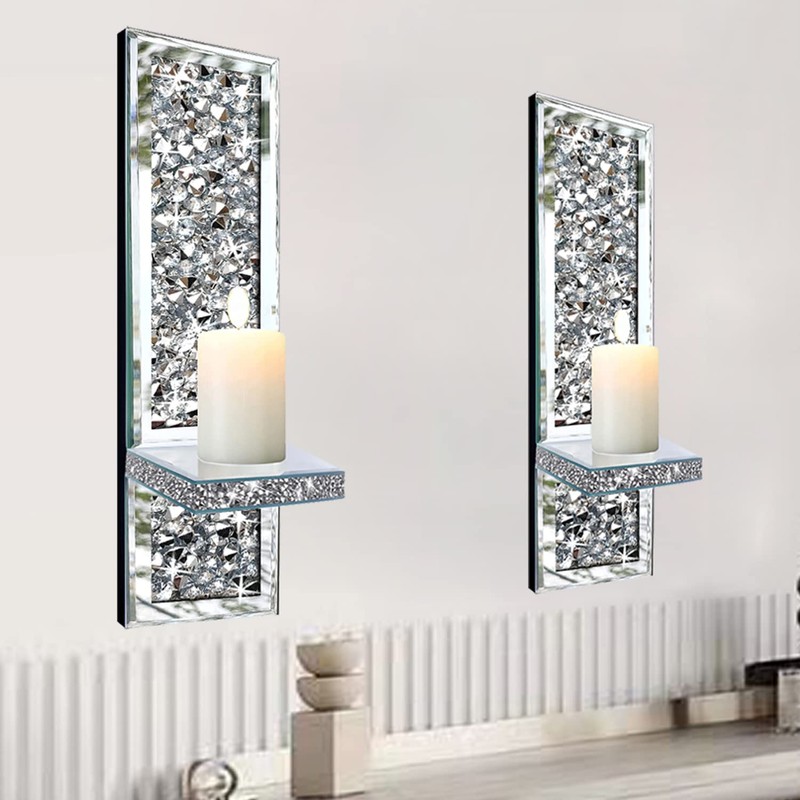 Set of 2 Crystal Crush Diamond Candle Sconces, Gorgeous Silver