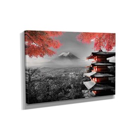 Japanese Temple in Autumn Black White Red Canvas Art Wall Art Home Decor (45in x 30in Gallery Wrapped)