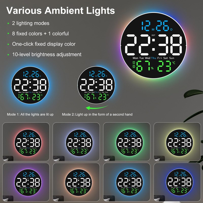 JoFomp LED Digital Wall Clock Large Display, 10" Digital Alarm