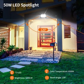 Blivrig 50 W LED Outdoor Spotlight, Cold White, 6500 K, 5000 LM, 72 LED Outdoor Spotlight, IP66 Waterproof Floodlight, Garden Outdoor Spotlight, for Yard, Garage, Warehouse