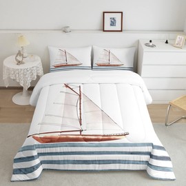 Feelyou Sailboat Printed Bedding Set Nautical Decor Comforter Set for Kids Boys Girls Sea Adventure Comforter Ocean Themed Modern Quilt Set Bedroom Collection 3Pcs Queen Size