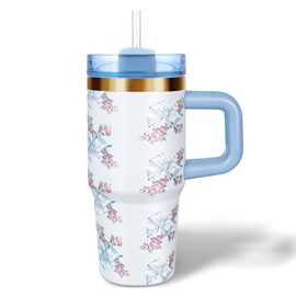 14 oz Tumbler with Handle and Straw, Kid Tumbler with Lid and Straw, 304 Stainless Steel Child Tumbler, School Sports Outdoor (Blue Bow)