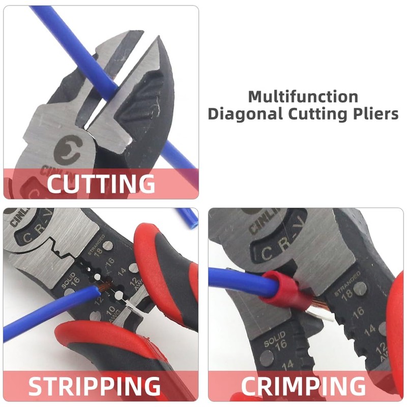 CINLIN 3-in-1 Diagonal Cutting Pliers, 7.5" Multifunction Heavy Duty Side-Cutting/Stripping/Crinmping