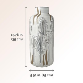Mikasa Embossed Leaves White and Beige Ceramic Vase, 5.91x5.91x13.78 Inch