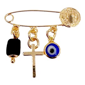 LESLIE BOULES Gold Plated Saint Benedict Baby Brooch Jeweled Safety Pin Genuine Azabache and Evil Eye Pendant Protection Jewelry