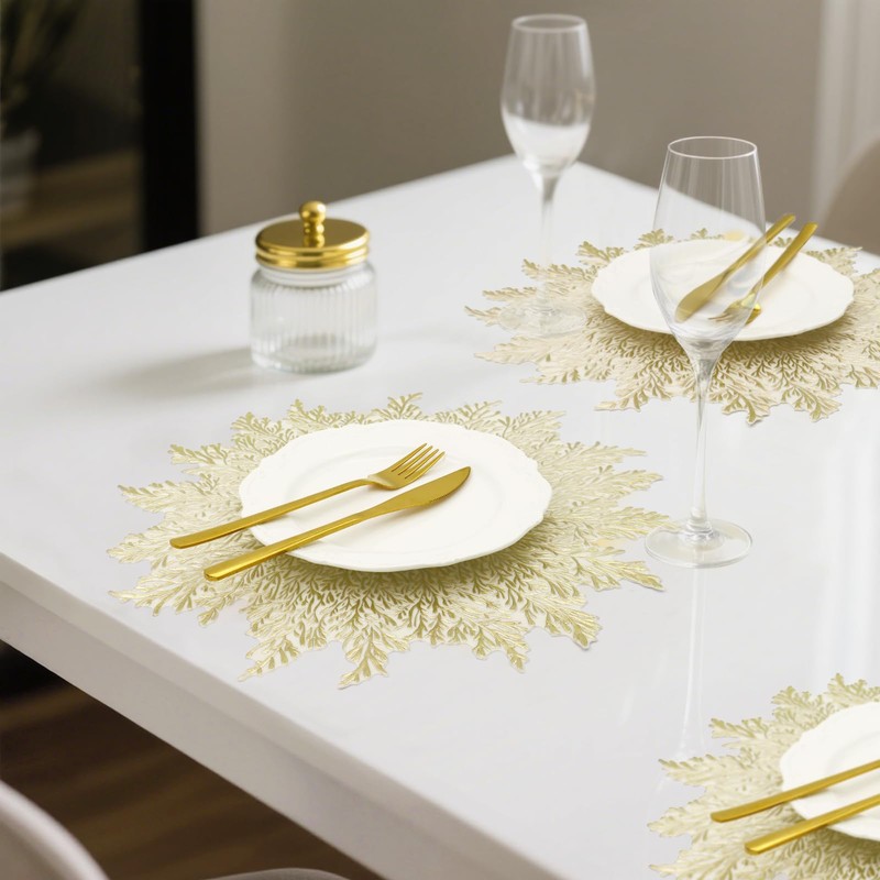 Gold Placemats Set of 6 Flower Pressed Vinyl Place Mats
