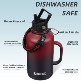 BJPKPK Half Gallon Insulated Water Bottles with Straw Lid & Side Handle, 50oz, 64oz, 87oz, 128oz Large, Stainless Steel Water Bottles with 3 Lids and Paracord Strap, Metal Water Jug,Charming Black Red