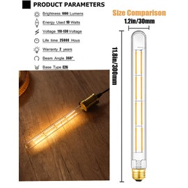 LVYE LED Tubular Light Bulbs,E26 Dimmable Long Led Bulbs,10W Equal 100 Watt, 2700K Warm White,11.8in Led Edison Tube Bulb,T10 Clear Glass Cover,6Pack.