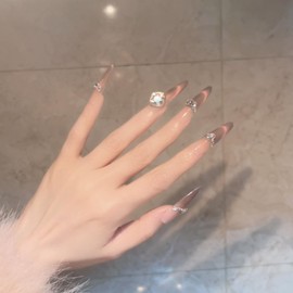 Brilliant Fake Nails Charming Long Champagne-Colored,Dazzling Stick On Nails That Embellish The Hand Shape And Easy To Wear Party Nails (ChampagneM, Short)