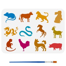 FINGERINSPIRE Twelve Chinese Zodiac Signs Stencils Animal Silhouette Stencils with Brush 29.7x21cm Reusable Rat Ox Tiger Dragon Stencil Snake Horse Template Oriental Theme Template for Wood Wall