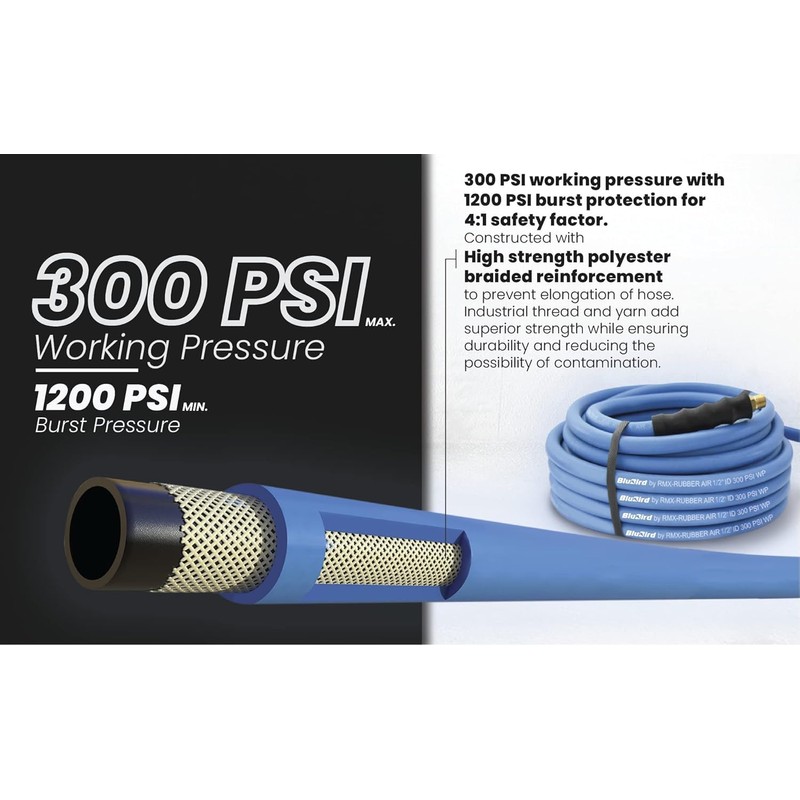 BLUBIRD 1/4" x 50ft Rubber Air Hose, High-Performance Pneumatic Hose