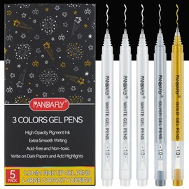 PANDAFLY Gold Silver White Gel Pens, 1mm Extra Fine Point White Pen for Art Highlight & Artists Drawing, Opaque Archival Ink Pens for Black Paper Drawing, Sketching, Illustration, Card Making, 5 Pack