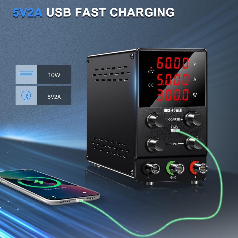 NICE-POWER Adjustable DC Power Supply (0-60V, 0-5A) Variable Switching Regulated