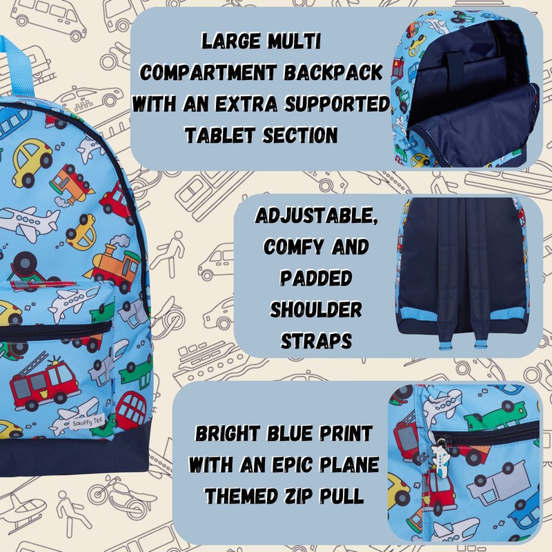 ScruffyTed Vehicles Boys Backpack For Kids Large Capacity Travel Rucksack