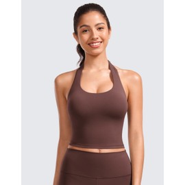 CRZ YOGA Butterluxe Women's Halter Neck Sports Bra Padded Longline Yoga Bras Workout Sport Crop Top with Built in Shelf Bra Taupe 10