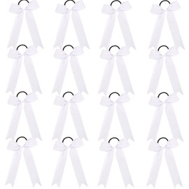 Long Tail Glitter Cheer Bows 16 PCS Collegiate Style Cheer Bows Ponytail Holder Handmade Bows for Girls Teens Cheerleader Sports (Glitter White)