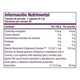 Resvitale Resveratrol 500 mg Suplemento Antioxidante Vegano Sin Sabor