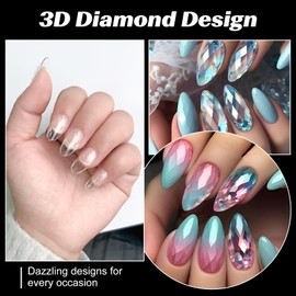 ZAHRVIA Almond Nail Tips-120 Pcs Clear Short Almond Nail Tips, 3D Diamond Shape Designs Soft Gel Tip Full Cover Acrylic Nail Tips,Nail Extension 15 Sizes Suitable for Nail Tips Art Salons and Home DIY