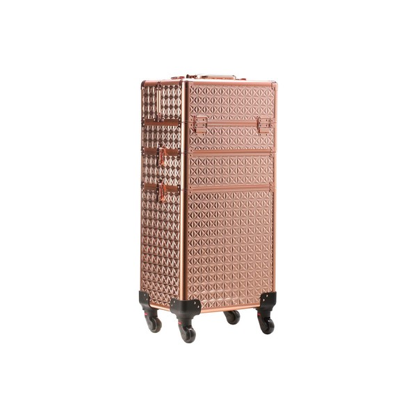 Rolling Train Case 4-in1 with extra lid Portable Makeup Train Case Professional Cosmetic Organizer Makeup Traveling case Trolley Cart Trunk (Rose Gold)