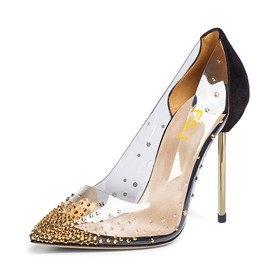 FSJ Women Studded Pointed Toe Transparent Pumps High Heels Shoes with Rhinestones Size Size 7 Gold-Black