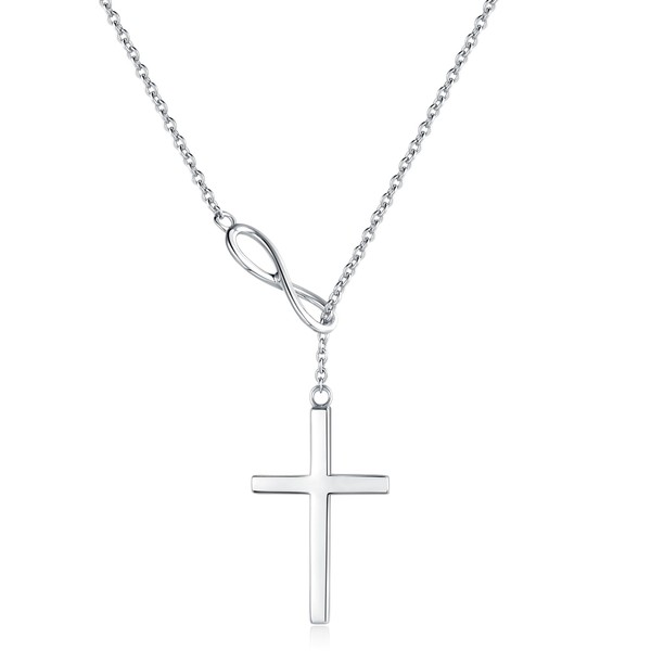 FANCIME White Gold Plated 925 Sterling Silver High Polished Infinity Cross Pendant Lariat Necklace Y Necklace Easter Gift for Women Girls, 18"
