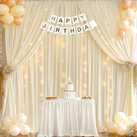 Wish Care 10x10ft Ivory Polyester Backdrop Curtains with Lights String for Parties Wedding, Wrinkle Free Curtains Photo Shoot Backdrop Drapes for Birthday Ceremony Baby Shower Party Home Decorations