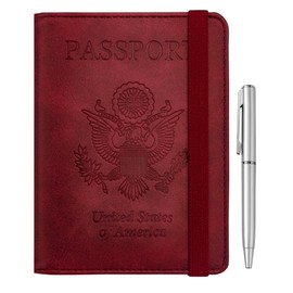 WALNEW Passport Holder for Travel, RFID Passport Cover Wallet for Women Men, PU Leather Passport Book Card Holder Case with Pen, Travelling Essentials for Flying