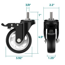 HOLKIE Caster Wheels 4 inch Total Locking Stem Casters, 3/8" -16 x 1" (Stem Diameter 3/8", Stem Length 1") Threaded Stem Casters Swivel Casters Set of 4 Heavy Duty Castors Black