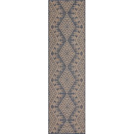 Well Woven Cascade Blue Indoor/Outdoor Flat Weave Pile Diamond Medallion Runner Rug 2'7" x 9'10"