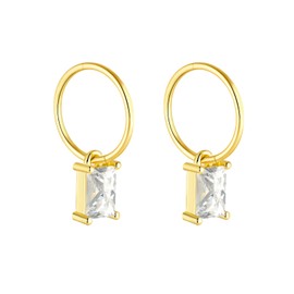 Serenity Sleepers 24K Gold Plated 925 Solid Sterling Silver Sleeper Huggie Hoop Charm Earrings For Women | Rectangle CZ | Dainty Zirconia Earrings - Mini Rectangle Hoops