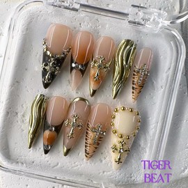 NailPhoria MID-FALL Collections 10PCS Handmade Press On Nails REUSABLE 3D GEL / Acrylic FALL 2024 - Design: Tiger Beat, Nail Bed Size: M