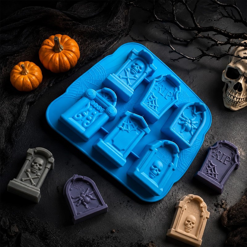 2PCS 3D Halloween Tombstone Coffin with Skulls Spider RIP Silicone