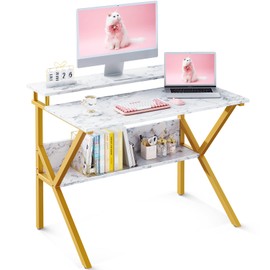 ODK Small Desk, 27.5 Inch Small Computer Desk for Small Spaces, Compact Desk with Storage, Tiny Desk Study Desk with Monitor Stand for Home Office, White Marble + Gold Leg