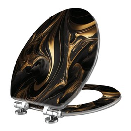 Elongated Toilet Seat Abstract marble fluid art painting alcohol ink style a black gold Resin Toilet Seat Slow Quiet Close with Quick-Release Hinges Toilet Seat with Cover Easy to Clean Install