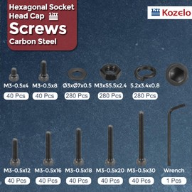 Kozelo 1040pcs M3 Socket Head Cap Screws Bolt Nut Assortment Kit - [M3x4/8/12/16/18/20/30mm] Alloy Steel Fully Threaded Black Oxide 12.9 Internal Hex Screw for 3D Printer Use, with Wrench