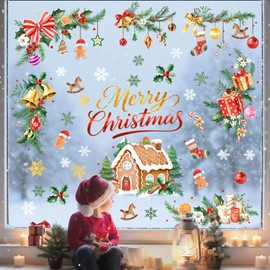 Tanlaby Merry Christmas Window Clings, Gingerbread House Pine Tree Branch Window Stickers Xmas Snowfake Decals for Winter Holiday Decoration Gift Party Supplies