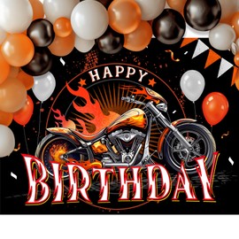 SVBright Motorcycle Happy Birthday Backdrop 5Wx3H for Boys Kid Motocross Racing Modern Cool Black Red Fire Dirt Bike Balloons Bday Decorations Photography Background Banner Photo Booth Studio