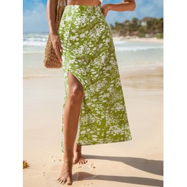CUPSHE Women's Skirt Floral Print Maxi Skirt High Waist Side Slit A-line Summer Elegant Beach Skirt with Zip, Green, XL