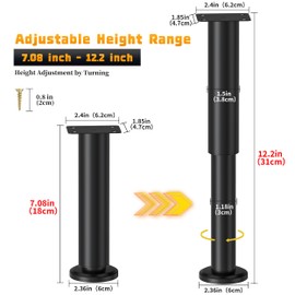 Wlrrcwdttc Wlrrcwdttc 6 Pcs Adjustable Height Bed Support Legs for Bed Frame/Bed Center Slat, Metal Adjustable Furniture Legs 7.08-12.2 inch for Bed/Sofa/Cabinet/Couch/Dresser/Table, Heavy Bed Legs Replacement