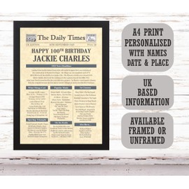 100th Birthday Gifts - Born in 1925 Day You Were Born Newspaper Gift for Nan Grandad Mum Dad
