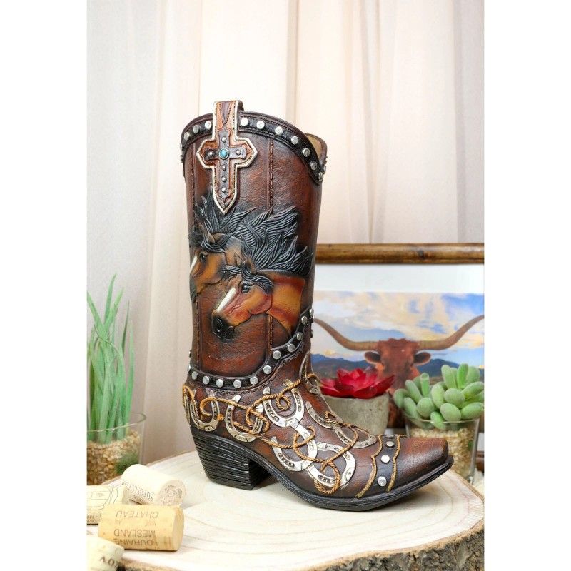 Rustic Western Running Horses Horseshoes And Cross Cowboy Boot Vase