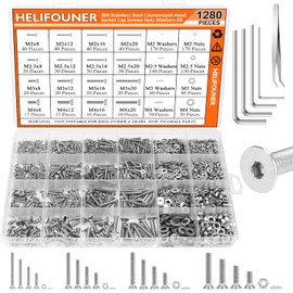 HELIFOUNER 1280 Pieces M2 M2.5 M3 M4 304 Stainless Steel Countersunk Head Socket Cap Metric Screws Bolts Washers Nuts Hardware Assortment Kit with Hex Wrenches