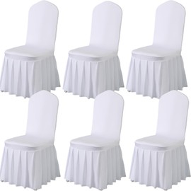 Qubjus 6 Pack Stretch Spandex Dining Chair Covers with Skirt – Washable & Fitted Slipcovers for Dining Room Chairs, Weddings, Home, Hotel Decor – White